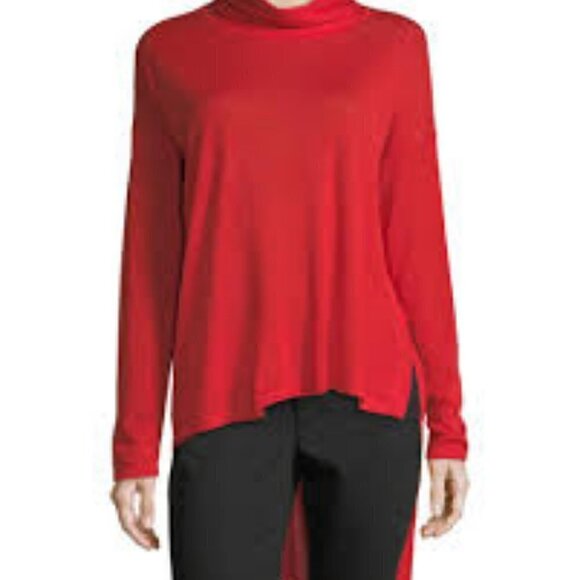 EILEEN FISHER Red High-Low Ultrafine Merino Wool Top Size XS Relaxed Fit - Picture 2 of 7